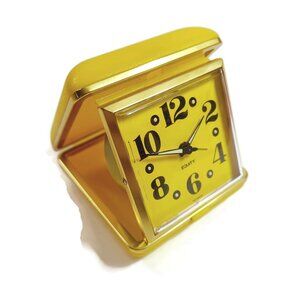 Vintage Equity Folding Travel Alarm Clock Yellow Wind Up Watch Glowing Hands
